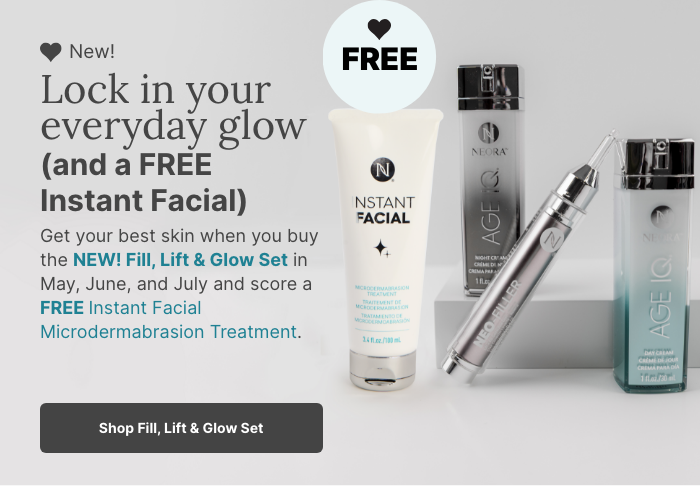 Buy the NEW! Lift, Fill & Glow Set in May, June and July and score a FREE Instant Facial Microdermabrasion Treatment. Featured is the new skincare set.